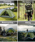 Upgraded Backpacking Tent For 1 Or 2 People With Dope Easy Clip Setup shown in camping, backpacking, motorcycling, hiking settings.