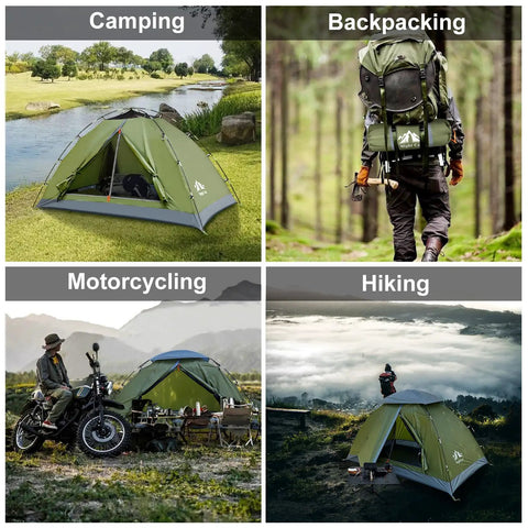 Upgraded Backpacking Tent For 1 Or 2 People With Dope Easy Clip Setup shown in camping, backpacking, motorcycling, hiking settings.