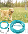 Heavy Duty 200 Foot Dog Runner With 10 Foot Tie Out Cable for Large Dogs Up to 250 lbs in park setting, Ice Blue Trolley System