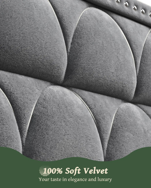 Close-up of the 56 Inch Velvet Wingback Headboard in Deep Gray from Top Shelf King Size Platform Bed Frame With 56 Inch Velvet Wingback Headboard In Deep Gray Rock Solid Steel Base Holds 1000 Lbs Smooth As Butter For Zero Creak Sleep.