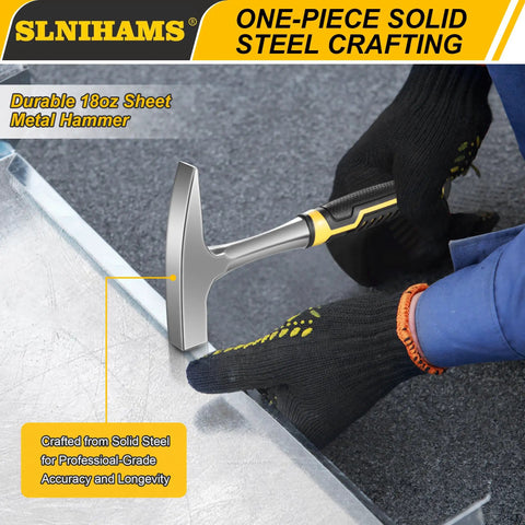 Heavy Duty 18oz Tinners Hammer For Sheet Metal And HVAC Installations with forged steel and anti-shock grip in use