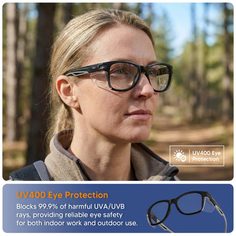 Woman wearing Safety Glasses With Side Shields Anti Fog Clear Lens For Construction Lab Work And DIY Built Tough For Job Sites