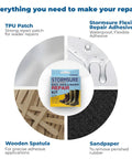 Boot And Shoe Repair Kit With Flexible Waterproof Adhesive For Soles And Uppers Easy Long Lasting Fix That Moves With Your Feet And Keeps Shoes Dry Like A True Workhorse, featuring adhesive, sandpaper, patch, and spatula