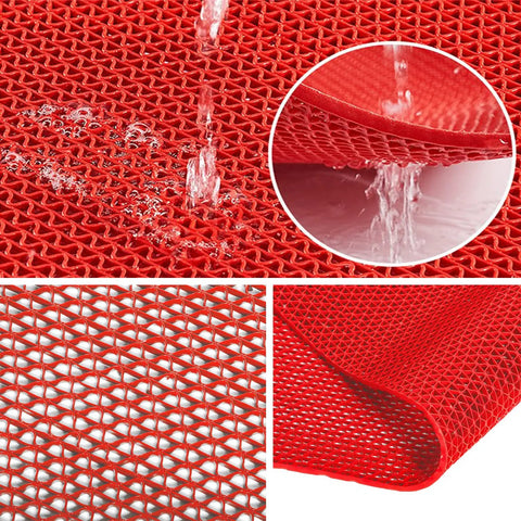 Commercial Drainage Floor Mat 3 ft by 16 ft Non Slip Heavy Duty Wet Area Mat for Indoor Outdoor Use Pool Kitchen Bathroom PVC Mesh Hollow 0.22 in Thick Red showing water drainage and close-up of PVC mesh texture