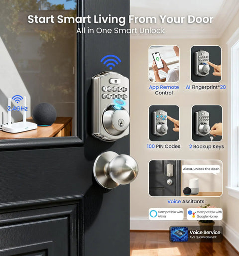 Built In WiFi Fingerprint Smart Lock With Two Knobs No Hub Needed Remote App Control Keyless Entry Front Door Deadbolt Auto Lock Satin Nickel Finish 7 Ways To Unlock For Everyday Convenience
