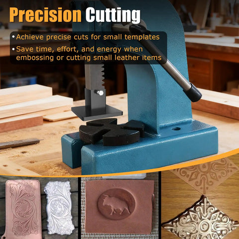 Beefy Hand Press Foot Attachment for Die Cutting and Leather Stamping Machines with all-metal platen on workbench.