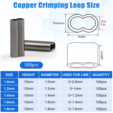 500 Piece Double Barrel Fishing Crimp Sleeves Kit dimensions and specifications chart for size and use.