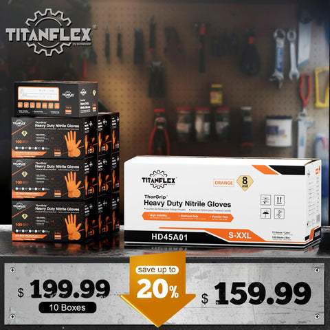 TitanFlex heavy-duty orange nitrile gloves, 8 mil, powder-free with raised diamond texture grip, large 1000-ct case