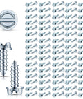 100 Pack Car License Plate Screws 14 By Three Quarter Inch Slotted Hex Head Mounting Screws For License Plates shown in full package and close-up