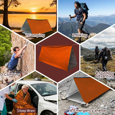 Emergency Survival Tent Mylar Thermal Shelter For 1 Or 2 People in various outdoor scenarios, camping, hiking, and climbing.