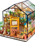 DIY Miniature Greenhouse Kit With Dope LED Lights 1 To 24 Scale Wooden Dollhouse featuring detailed plants and realistic furniture.
