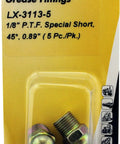 Heavy Duty One Eighth Inch PTF Special Short 45 Degree Grease Fitting 0.89 Inch Long Pack Of Five in packaging