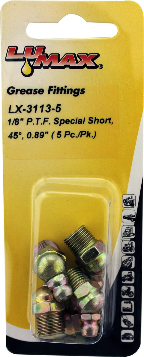Heavy Duty One Eighth Inch PTF Special Short 45 Degree Grease Fitting 0.89 Inch Long Pack Of Five in packaging