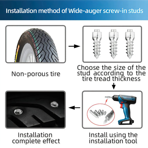 Installation method for Heavy Duty Screw In Ice Traction Studs For Hunting Boots Snow Bikes Lawn Tractors And Atv Utv.