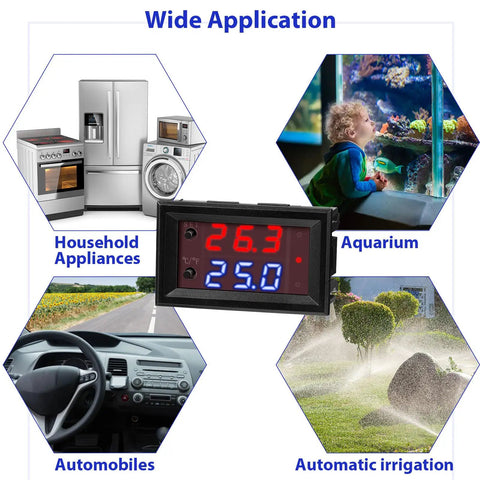 Pair Of 12V Electronic Temperature Controllers Programmable From -50 To 110 Celsius For Heating And Cooling with appliance icons