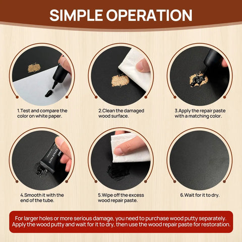 Wood Furniture Repair Kit With 10 Color Touch Up Fillers For Scratches Cracks Paint Chips And Nail Holes On Furniture Floors Doors Cabinets And Tables Easy DIY Fix For Home instructions demonstrating the repair process.