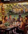 50Ft Solar String Lights Outdoor Dimmable Patio Lights With Remote illuminating a dining area on a patio at dusk