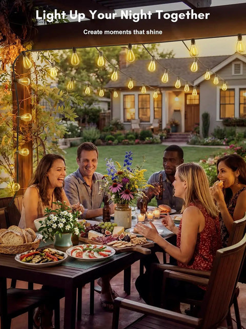 50Ft Solar String Lights Outdoor Dimmable Patio Lights With Remote illuminating a dining area on a patio at dusk
