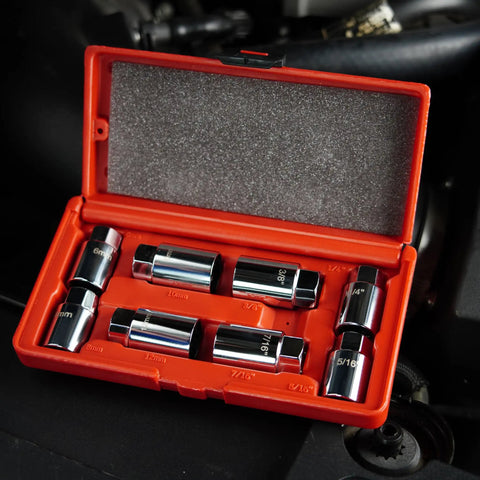 8 Piece Stud Extractor Set For SAE And Metric, Broken Stud Removal Sockets in orange case, shown in automotive setting
