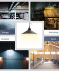 Display of Solar Pendant Lights For Indoor Outdoor Use With Extra Long 20.5ft Cable IP67 Waterproof Five Brightness Modes in various settings like garage, workshop, outdoors, and farm.