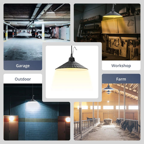 Display of Solar Pendant Lights For Indoor Outdoor Use With Extra Long 20.5ft Cable IP67 Waterproof Five Brightness Modes in various settings like garage, workshop, outdoors, and farm.