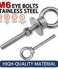 Heavy Duty M6 Stainless Steel Eye Bolts With Nuts And Washers One Quarter Inch Diameter Two Inch Long Lifting Rings image