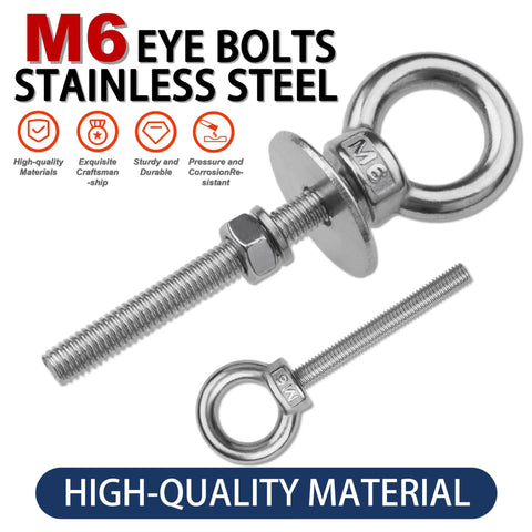 Heavy Duty M6 Stainless Steel Eye Bolts With Nuts And Washers One Quarter Inch Diameter Two Inch Long Lifting Rings image