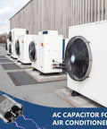 Exterior air conditioning units with 10 MFD 370 440 VAC Round Motor Run Capacitor for HVAC systems shown in corner.