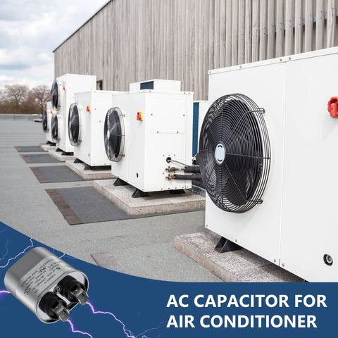 Exterior air conditioning units with 10 MFD 370 440 VAC Round Motor Run Capacitor for HVAC systems shown in corner.