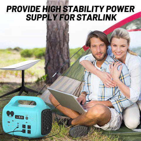 Couple using Total Game Changer 1000W Portable Power Station With 1024Wh Capacity at campsite with laptop.
