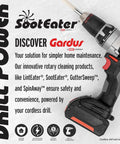 SootEater Pellet Stove Cleaning Kit With Flexible Rods Rotary Vent Kit advertisement, featuring cordless drill power note