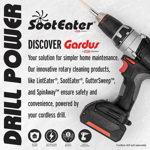 SootEater Pellet Stove Cleaning Kit With Flexible Rods Rotary Vent Kit advertisement, featuring cordless drill power note