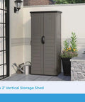 Vertical Outdoor Storage Shed With 22 Cubic Feet Of Capacity, Lockable Double Doors next to garden plants on patio.