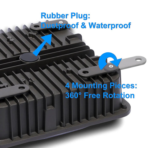 Close-up of Super Bright 50W LED Canopy Light showcasing rubber plug and mounting pieces for 360-degree rotation.