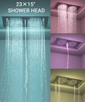 Top Tier Bluetooth Shower Head With 63 Custom Spray Modes And Precision Knob Controls Featuring Color Changing Led Lights And Rainfall Body Spray For A Straight Up Bathroom Glow Up In Matte Black, 23x15 inch size.
