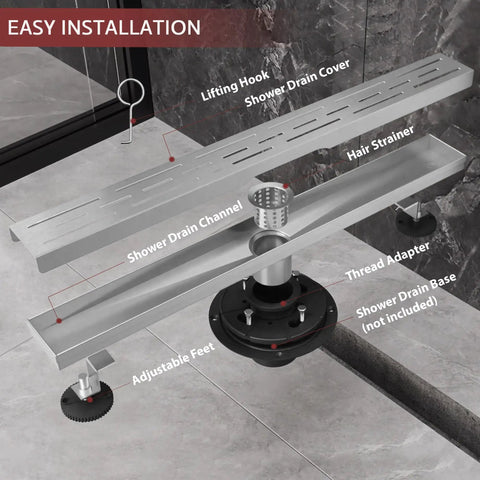 Heavy Duty Linear Shower Drain In Brushed Nickel With No Sweat Fast Flow Design And Sleek Modern Finish Perfect For Bathrooms Garages And Kitchens featuring adjustable feet and shower drain channel.