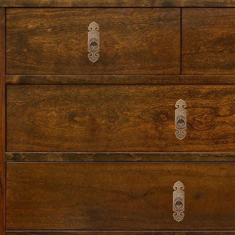 Antique Brass Cabinet Pull Handles 2 Pack With Screws For Cabinets And Wardrobes on wooden drawers, retro vibe.