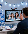 Heavy Duty 1080P Webcam With Crisp Stereo Mic Full Hd Gaming Streamer Rig For Usb Pc Console Setup, festive background with decorated Christmas tree.