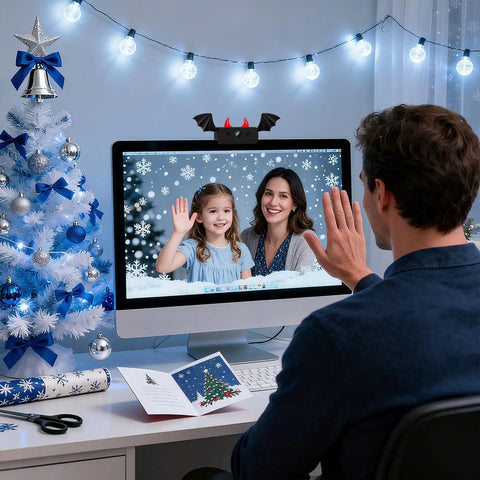 Heavy Duty 1080P Webcam With Crisp Stereo Mic Full Hd Gaming Streamer Rig For Usb Pc Console Setup, festive background with decorated Christmas tree.
