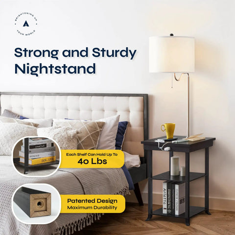 59.5 Inch Floor Lamp End Table With Dope USB And USB C Charging Station And Power Outlet Bedside Nightstand Lamp Attached Space Saving Table For Bedroom Ava White next to bed