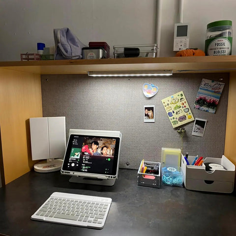 Go-To Under Cabinet LED Light Bar With Three Color Temperatures 2700K 4000K 6000K 14.5 Inch USB Plug-In Desk Light illuminating a work area.