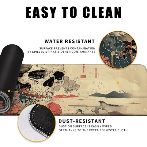 Detailed view of Ukiyoe Anime Skull Mouse Pad XXL Desk Mat For Gaming And Dope Desk Setup showing skull design and stitched edges.