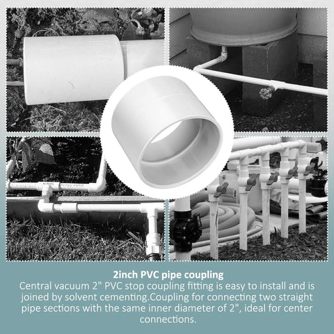 2-inch PVC stop coupling for central vacuum system; white plastic, close-up with pipework and install shots