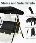 Three Seat Outdoor Porch Swing With Canopy And Cushions For Backyard And Garden Comfort, Weatherproof Steel Frame