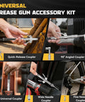 High Pressure Pro Grade Grease Gun Coupler Kit With 12000 PSI Quick Release 90 Degree Adapter shown in use on machinery