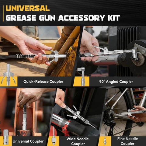 High Pressure Pro Grade Grease Gun Coupler Kit With 12000 PSI Quick Release 90 Degree Adapter shown in use on machinery