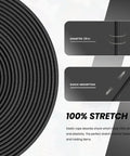 Heavy Duty Bungee Cord One Eighth Inch By 100 Feet Elastic Shock Rope showing coil with text on stretch and shock absorption features.