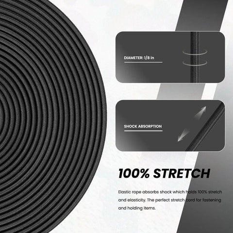 Heavy Duty Bungee Cord One Eighth Inch By 100 Feet Elastic Shock Rope showing coil with text on stretch and shock absorption features.
