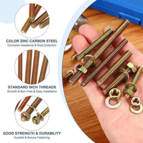 Hand holding One Quarter Inch By Three Inch Zinc Plated Fully Threaded Rods 12 Pack Heavy Duty Carbon Steel Long Threaded Stud Bolts