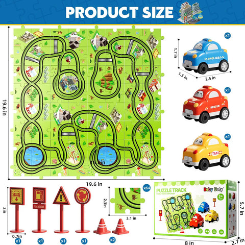 64 Piece Puzzle Track Car Set For Kids Ages 3 4 5 6 With 3 Cars And 6 Road Signs City Themed Floor Puzzle Tracks Toy Gift